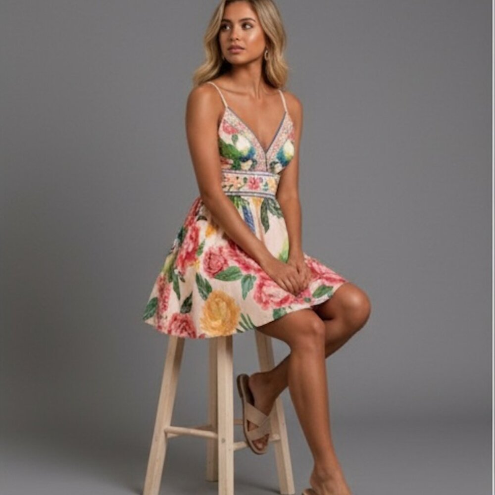 Boho Floral Print V-Neck Mini Dress - Picture 2 of 9